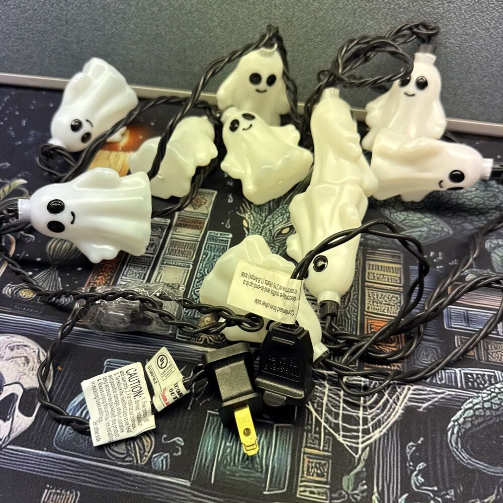 Vintage Happy Face Ghost Lights String of 10 Halloween Lights Tested Works